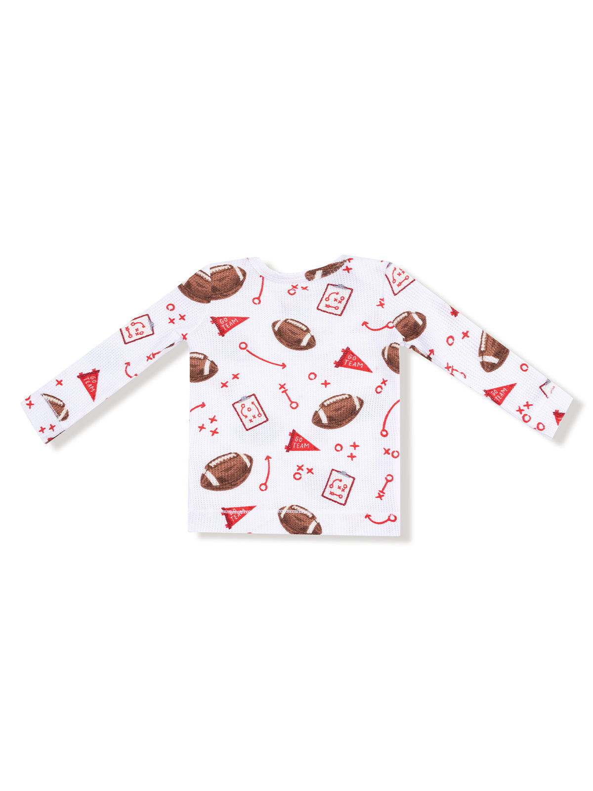 White long-sleeve shirt with red football and sports-themed prints, fun for kids' casual wear.