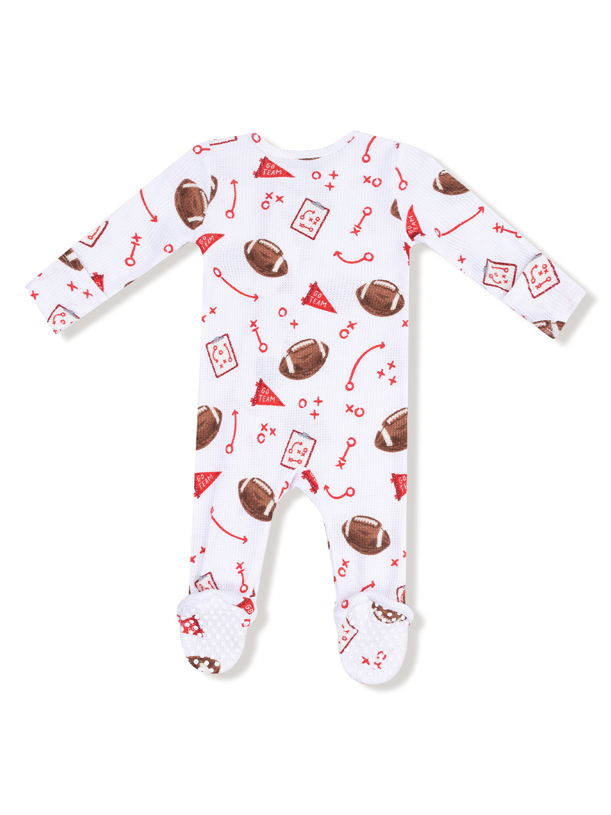 White baby onesie with football and sports-themed prints, perfect for little fans.