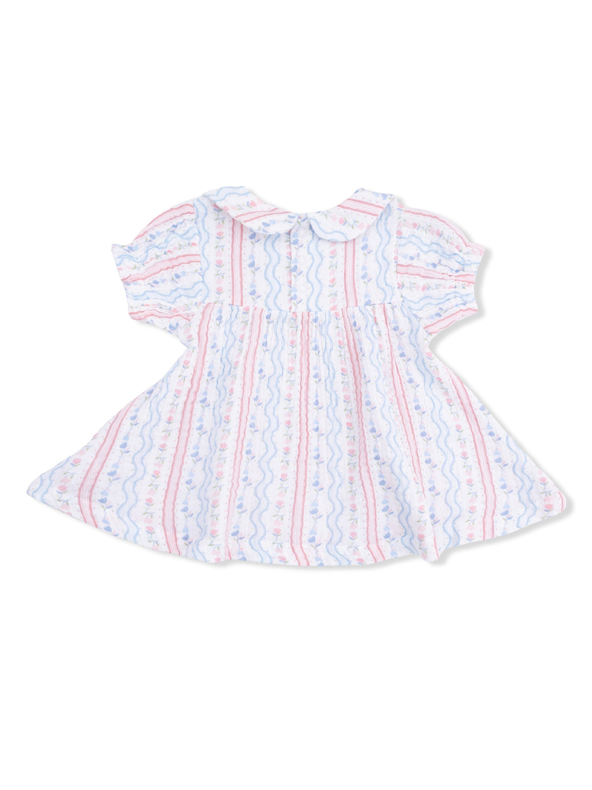 White dress with pink and blue floral patterns and a collar, featuring a flared skirt.