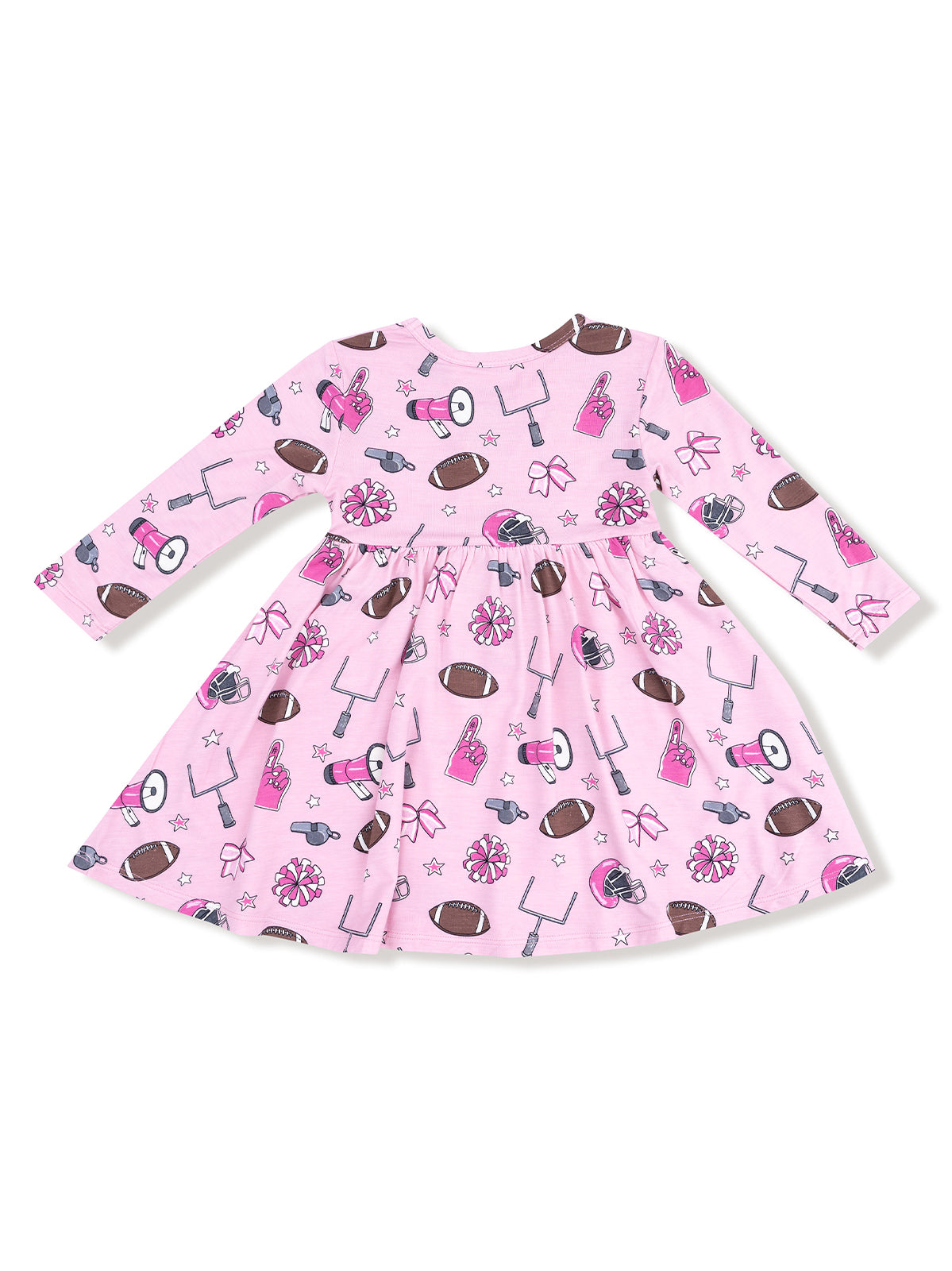Pink dress with sports-themed prints, including footballs, cheerleading bows, and pom-poms.