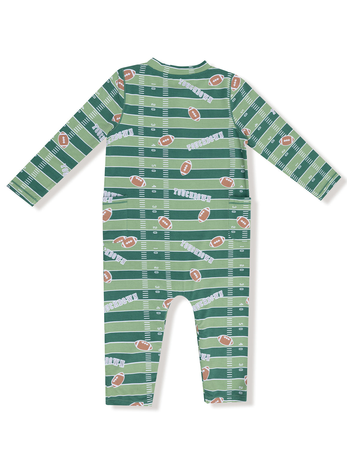 Green long-sleeve onesie featuring a football field and football prints with the word "Touchdown."
