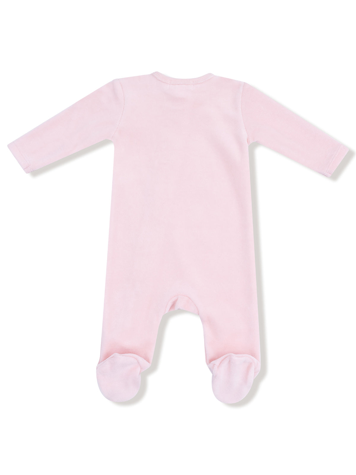 Light pink baby onesie with long sleeves and footies, viewed from the back.