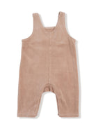 Beige children's soft fabric overall with adjustable straps and a relaxed fit.
