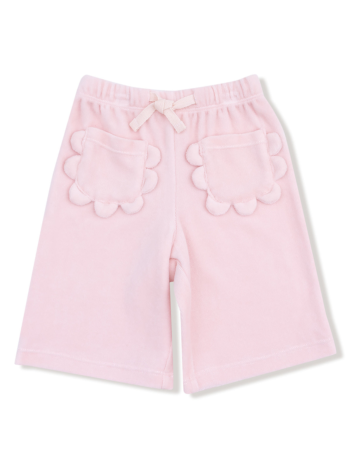 Light pink shorts with scalloped pockets and a tied waistband. Perfect for casual wear.