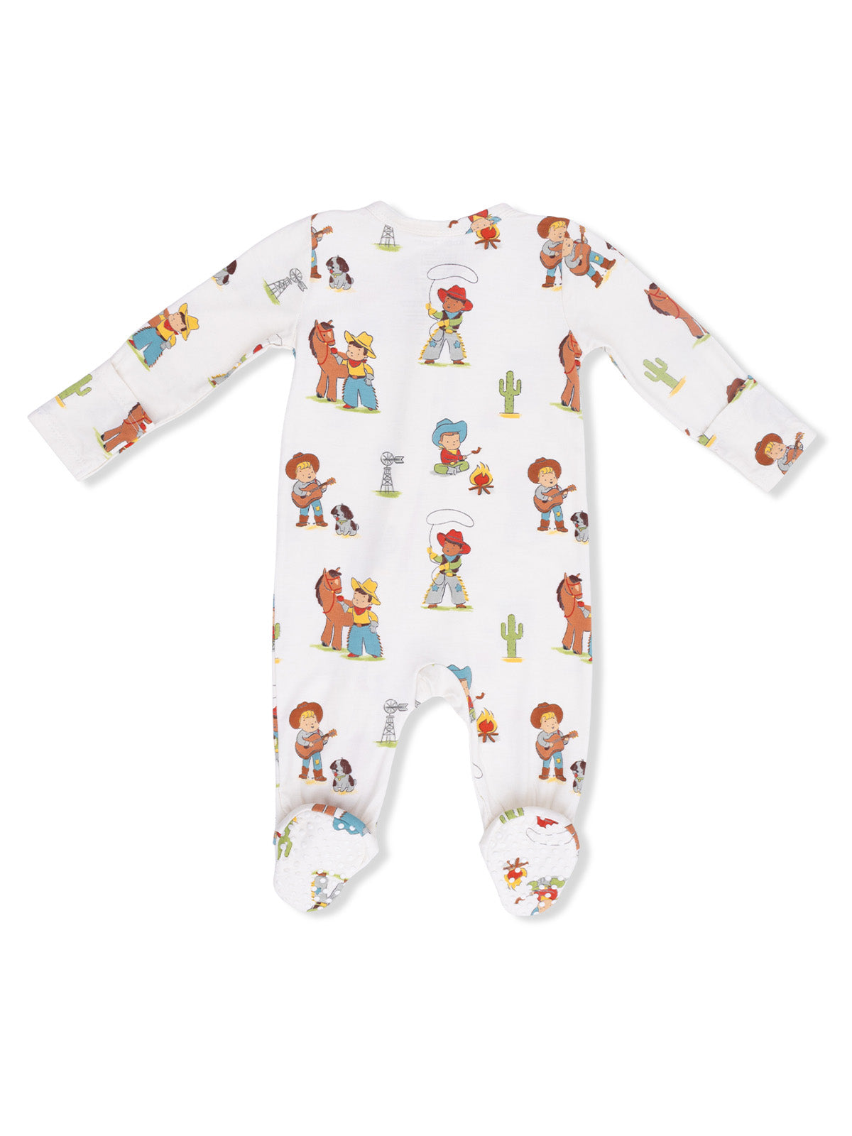 Baby onesie with colorful cowboy and animal patterns, featuring a playful Western theme.