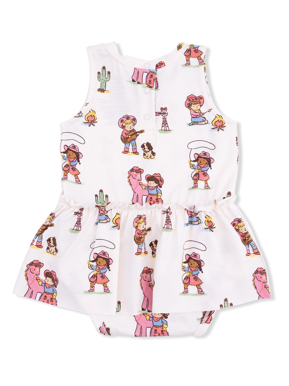 Children's romper featuring playful cowboy and cowgirl illustrations, cacti, and fun designs in bright colors.