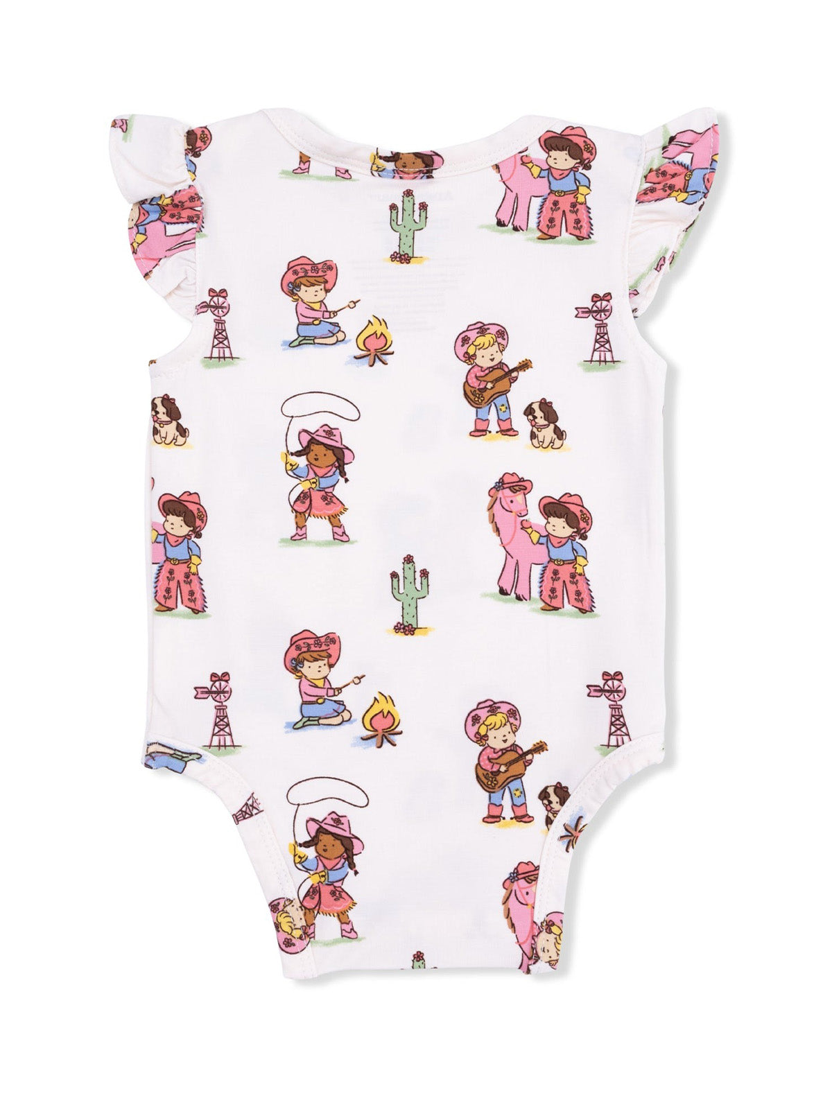 White onesie with playful cowboy-themed illustrations, including guitars, cacti, and campfires.