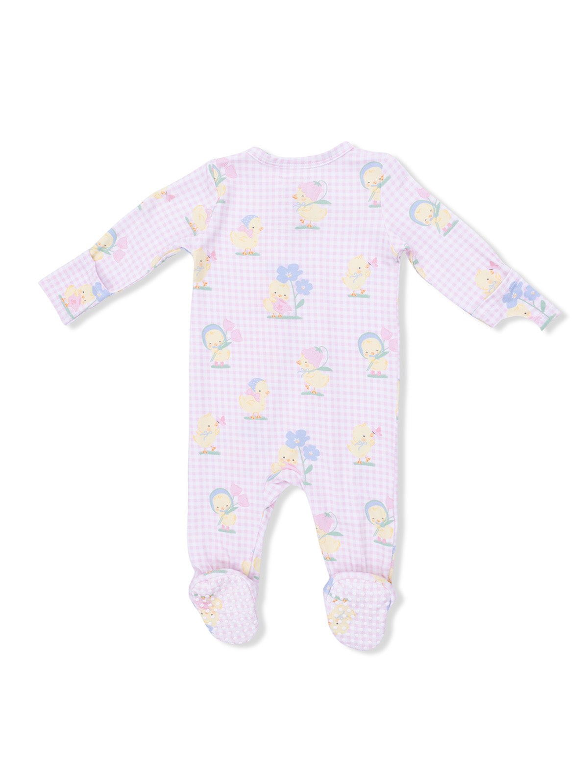 Baby onesie in pastel colors with a chick pattern and feet, featuring a gingham background design.