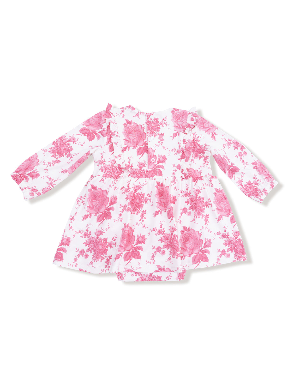 Pink floral dress with long sleeves and a ruffled neckline, positioned on a white background.