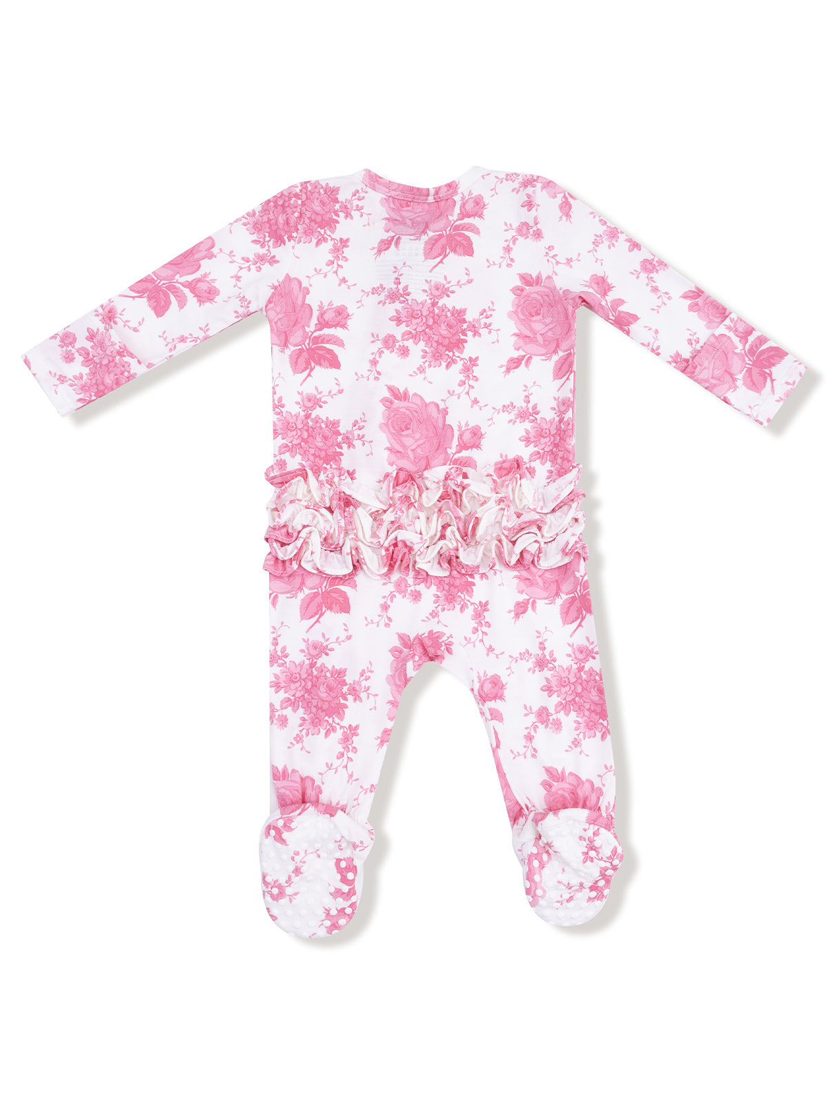Pink floral onesie with long sleeves and ruffled trim, featuring soft footed bottoms for infants.
