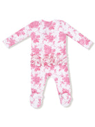 Pink floral onesie with long sleeves and ruffled trim, featuring soft footed bottoms for infants.