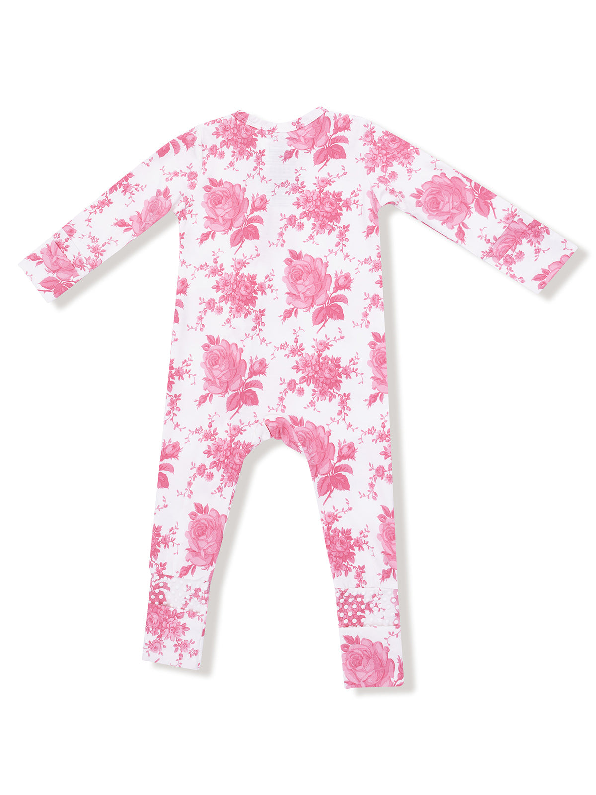 Pink floral pattern long-sleeve onesie for infants, featuring a white background and a footed design.