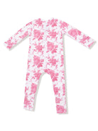 Pink floral pattern long-sleeve onesie for infants, featuring a white background and a footed design.