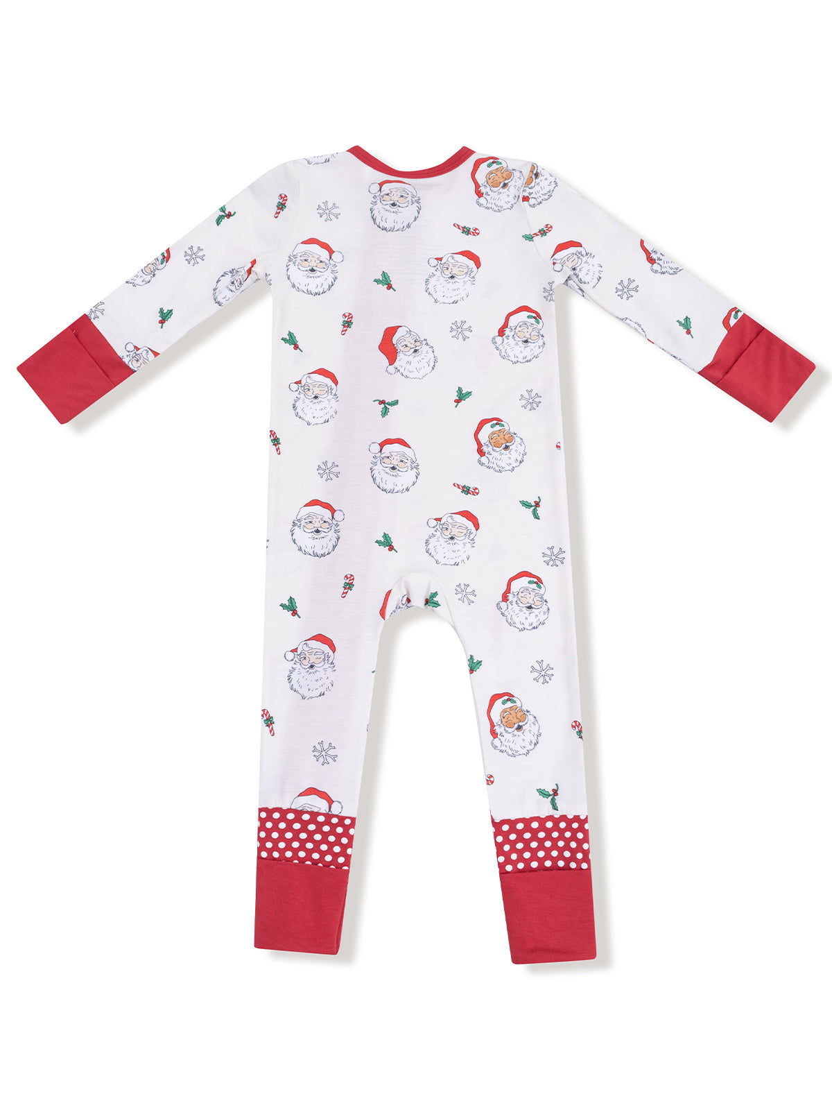 Red and white onesie featuring a festive Santa print and polka dot accents on the cuffs and leg.