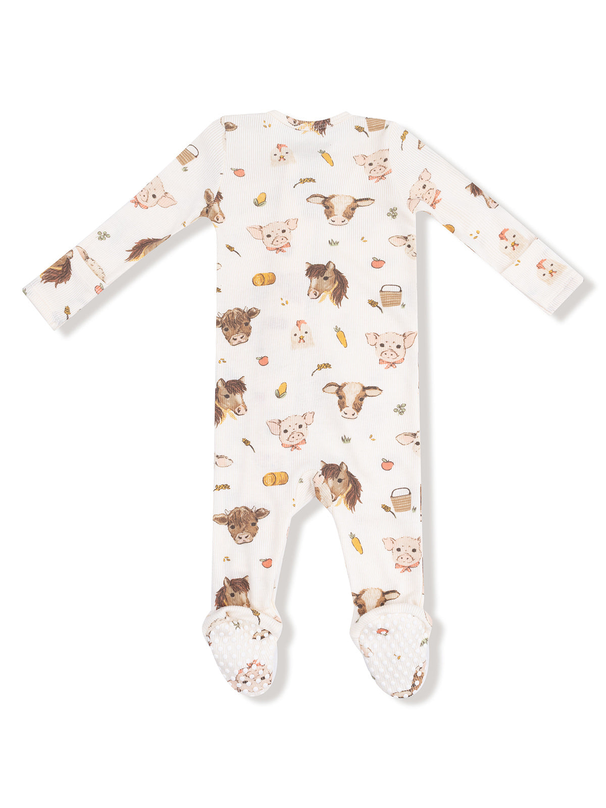 Baby sleep suit with long sleeves and farm animal prints in soft colors, featuring non-slip foot grips.