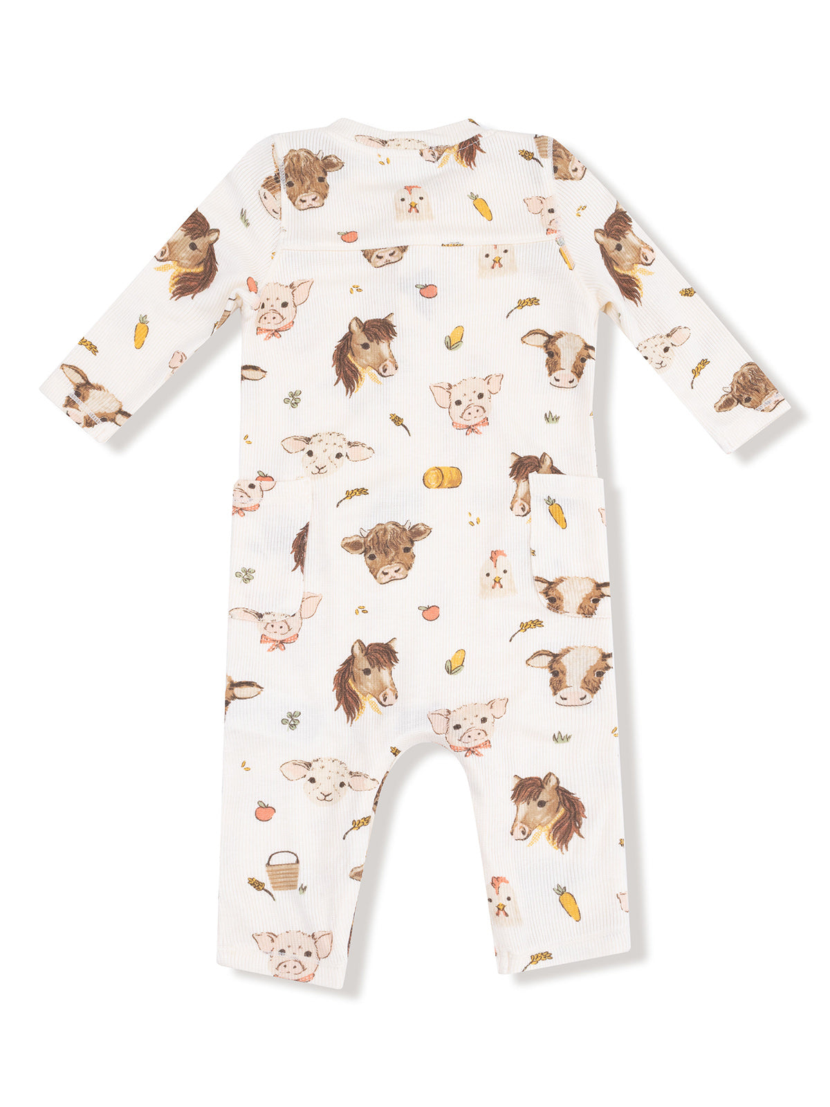 White long-sleeve baby romper featuring playful animal prints of cows, pigs, and horses amid fruit and farm elements.