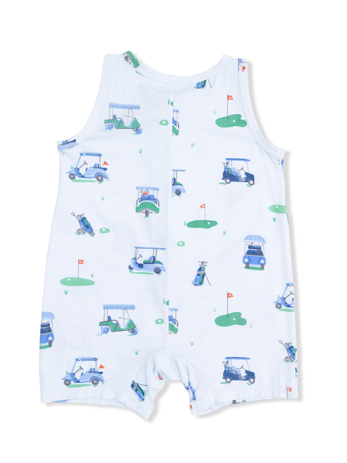 Light blue romper with golf-themed prints, featuring golf carts and putting greens throughout the fabric.