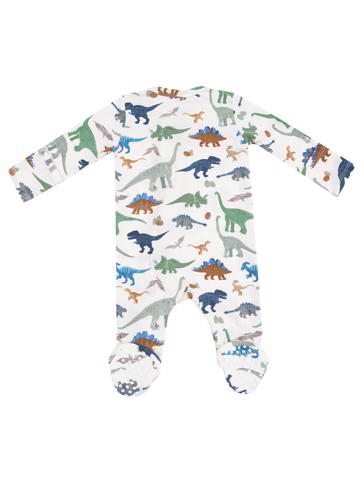 Dinosaur-print baby onesie with long sleeves and footed design, featuring various colorful dinosaur illustrations.