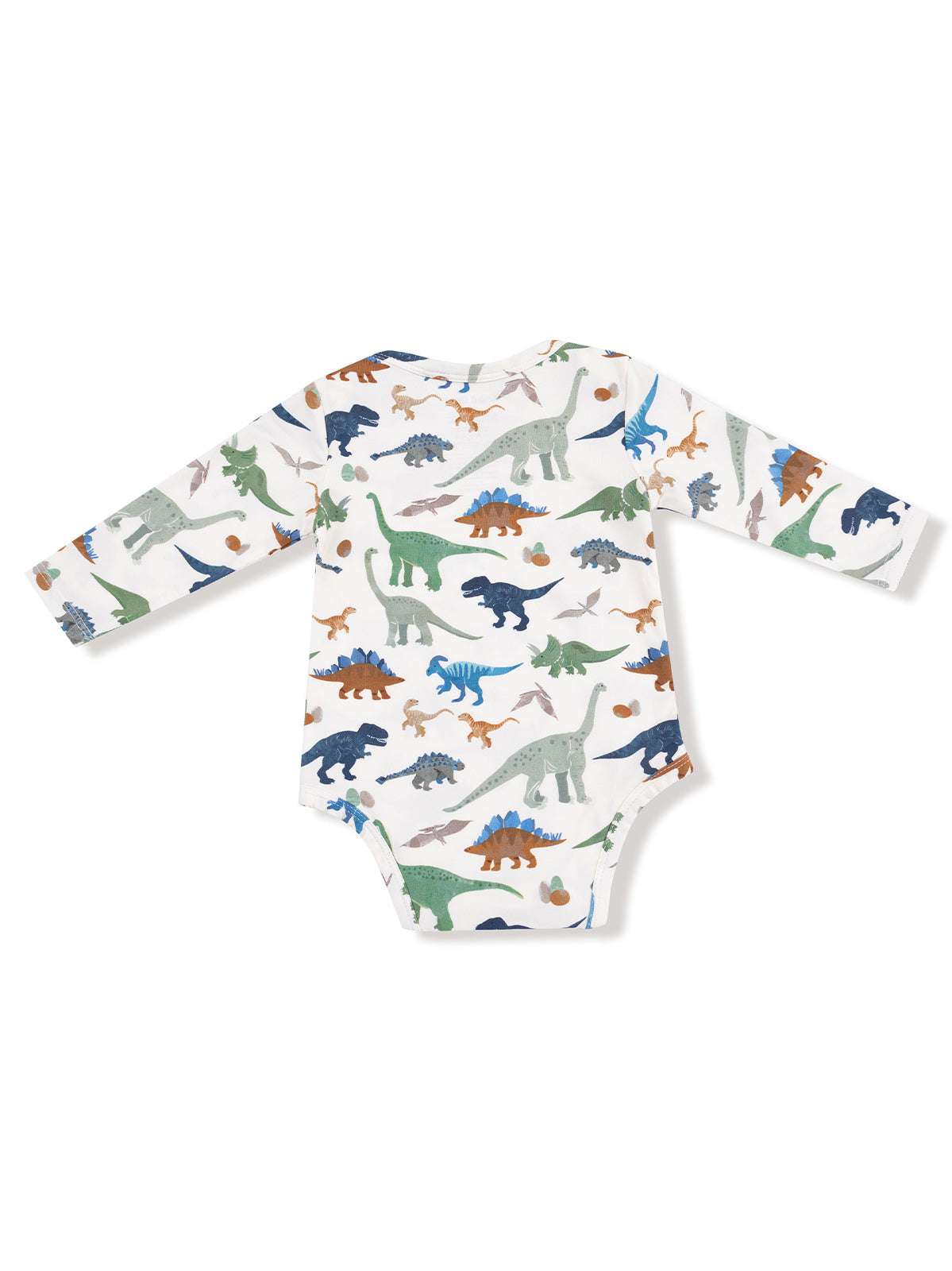 White long-sleeve baby bodysuit adorned with colorful dinosaur patterns.