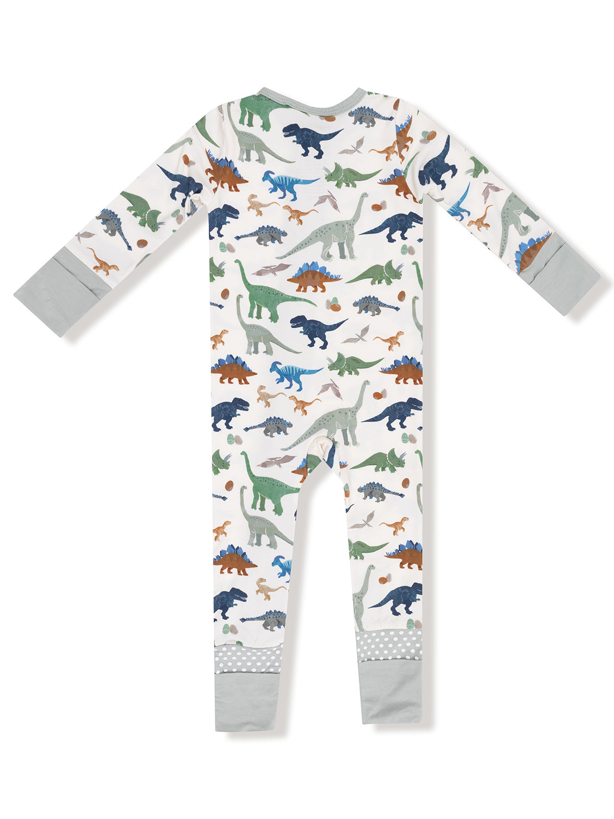 Back view of a children's dinosaur-patterned pajama, featuring various colorful dinosaur designs on a white background.