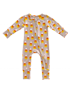 Baby onesie with a candy corn pattern in orange, yellow, and white colors, featuring a front zipper.