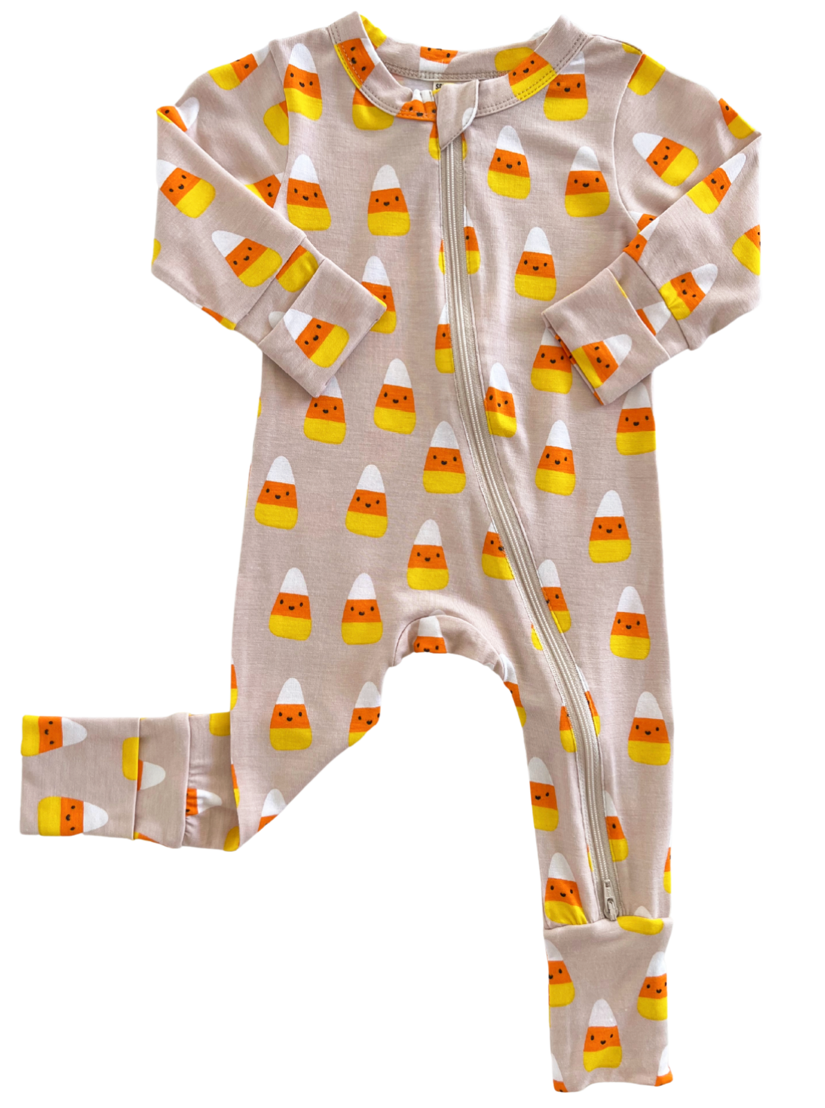 Baby onesie with a candy corn pattern, featuring long sleeves and a front zipper.