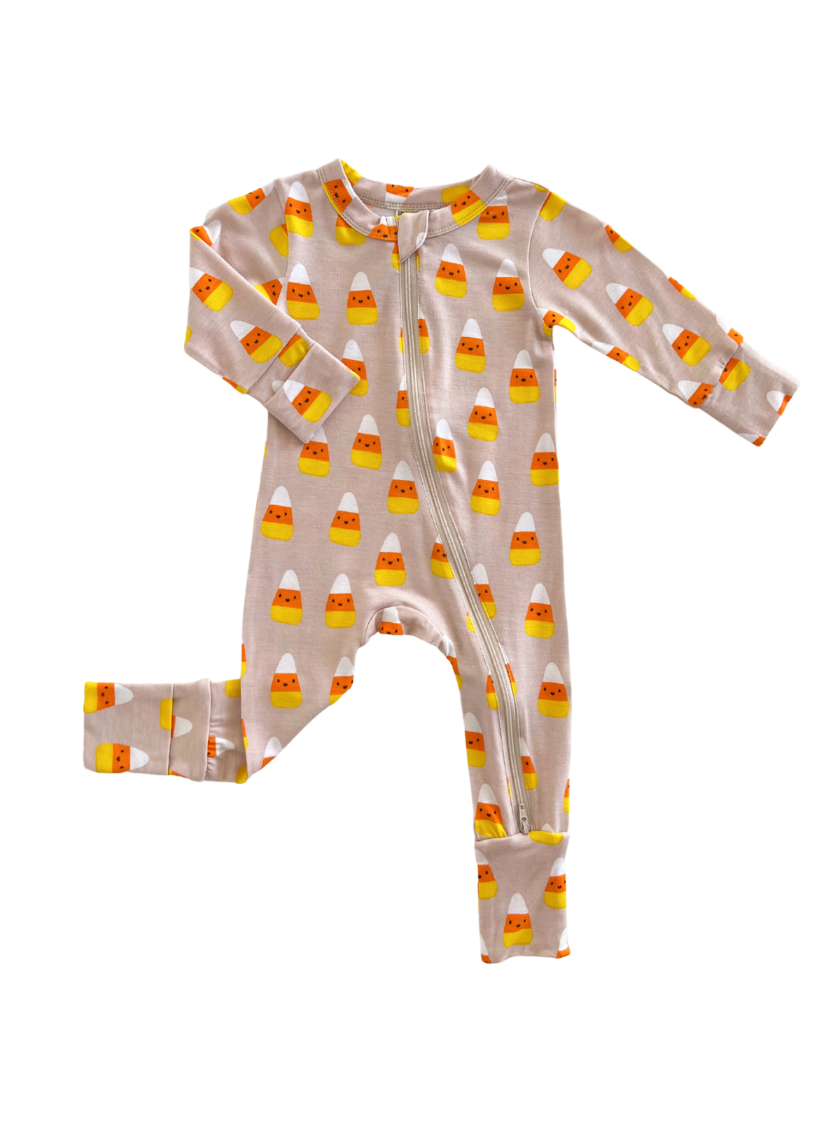 Baby onesie with candy corn pattern, featuring long sleeves and a front zipper. Perfect for Halloween festivities.