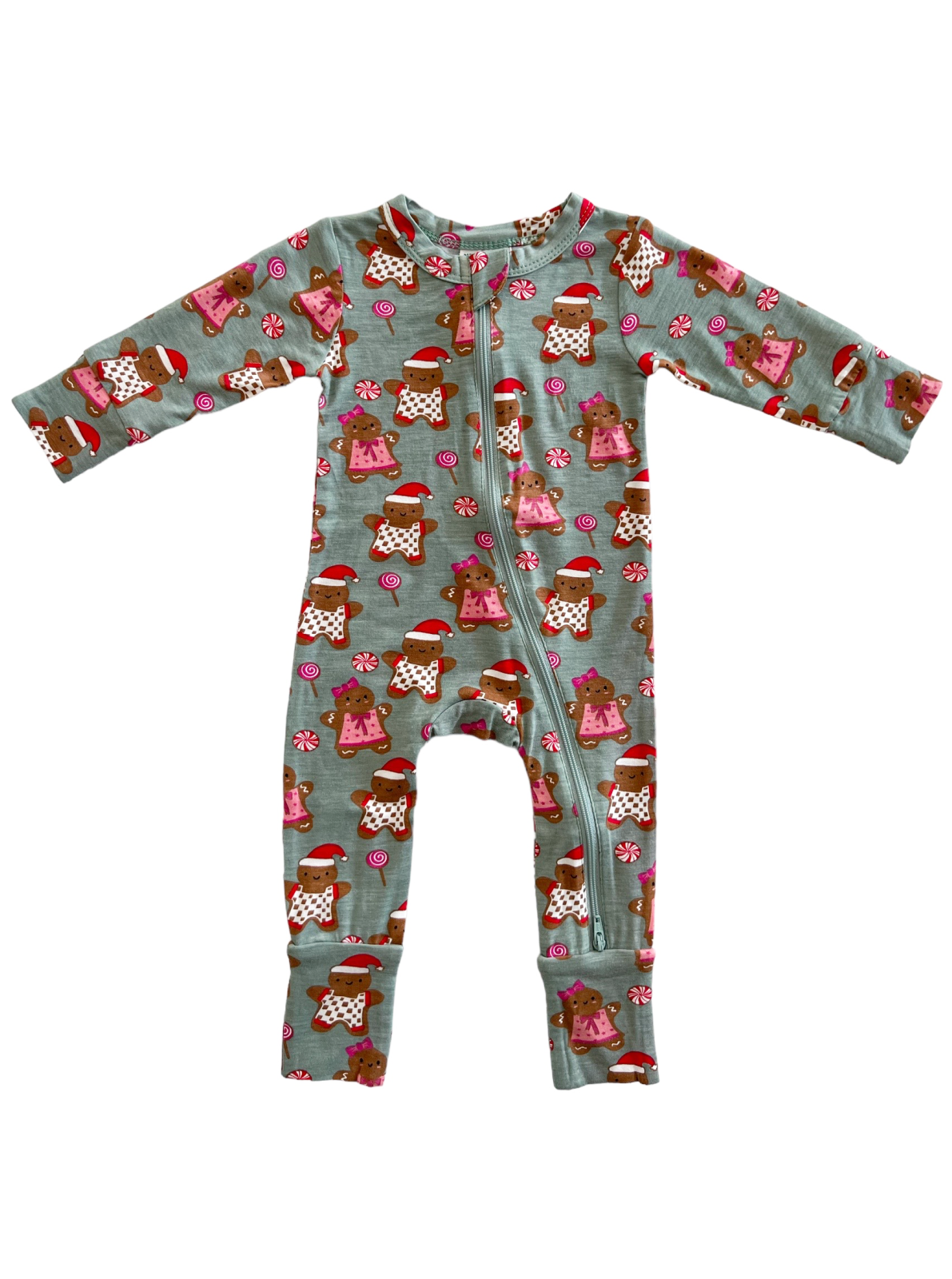 Children's gray onesie with gingerbread man and candy printed patterns, featuring a front zipper and long sleeves.