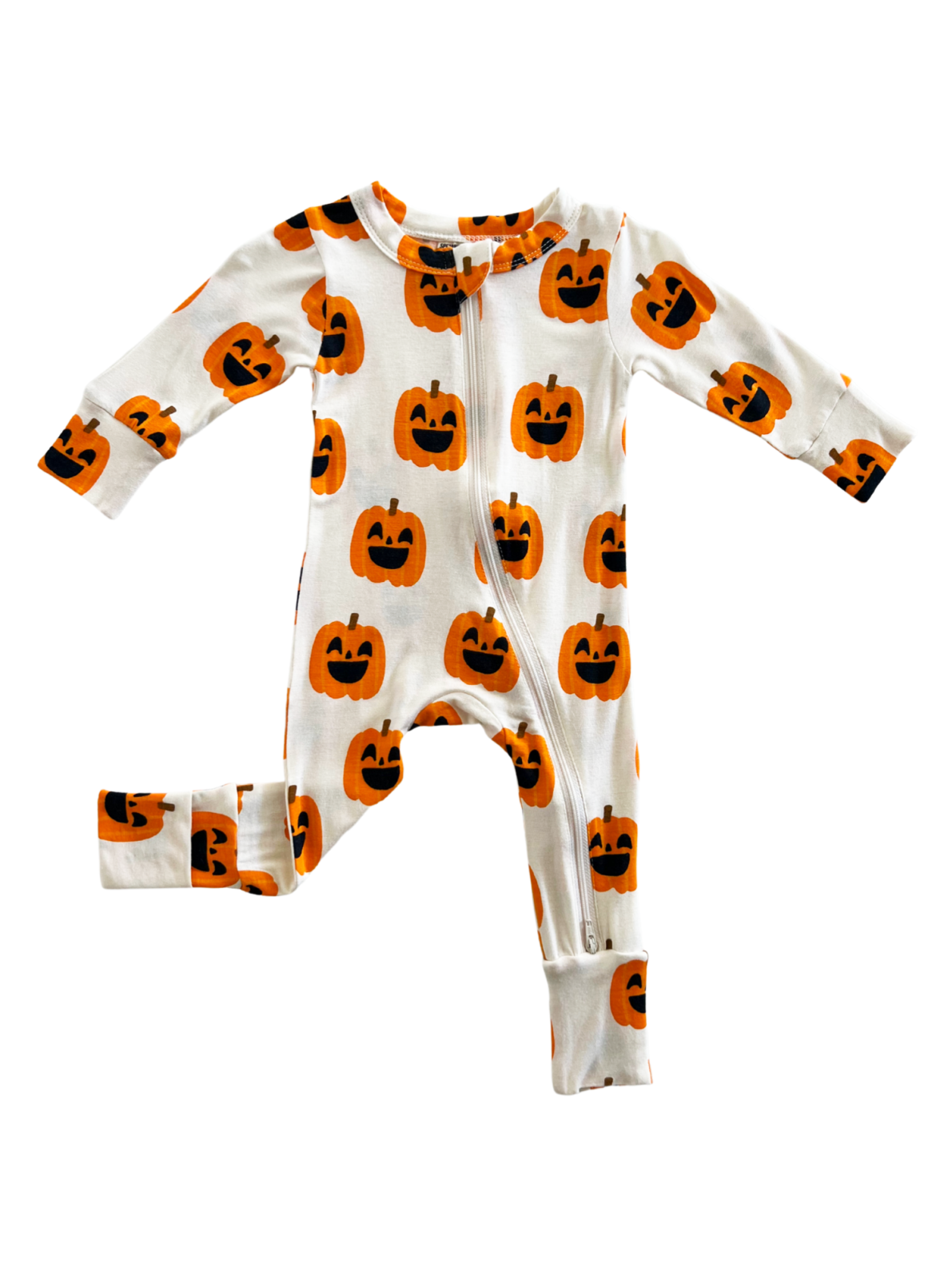 White pajama suit with orange pumpkin designs, featuring a front zipper and long sleeves. Ideal for Halloween.
