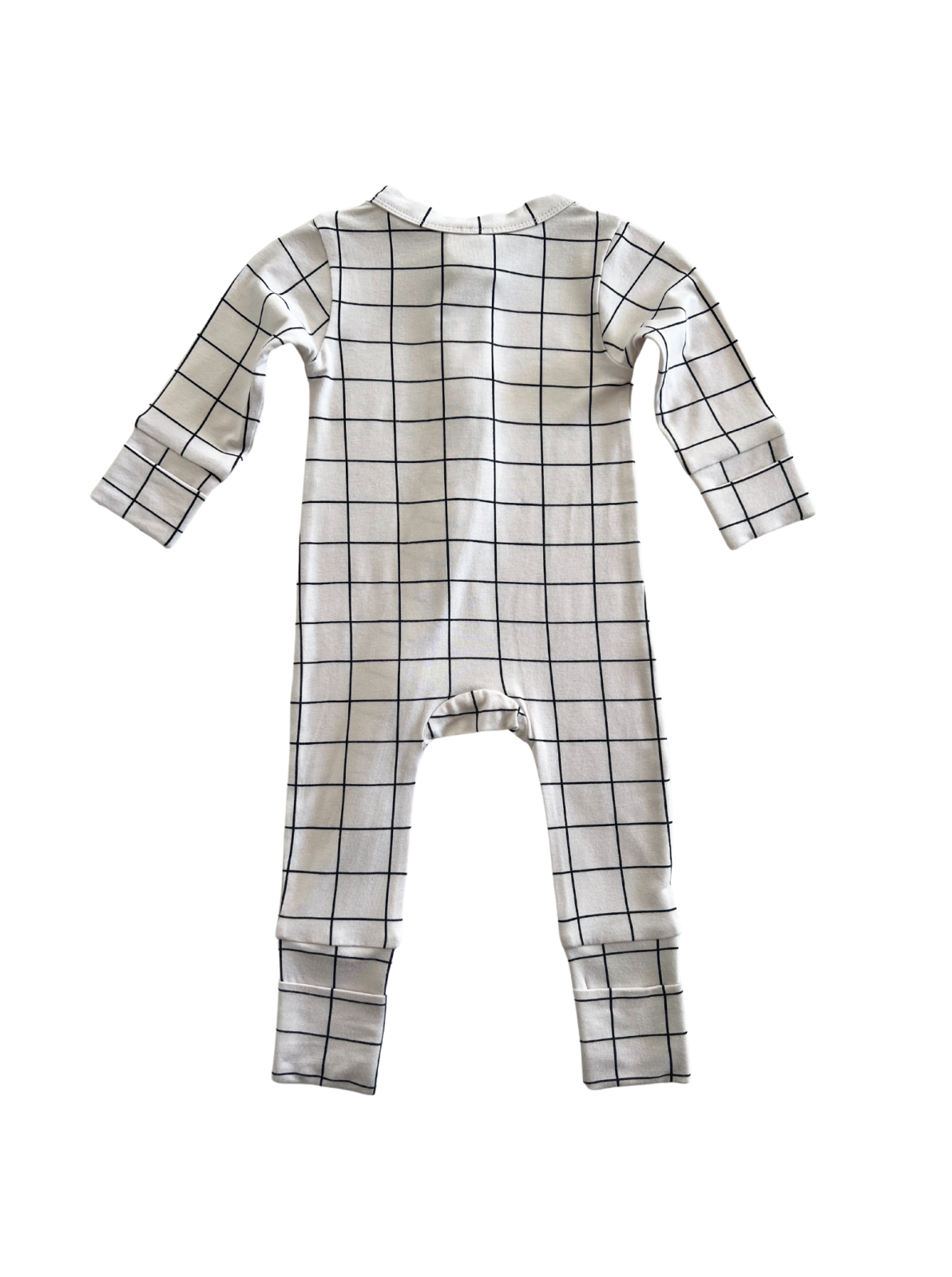 Back view of a baby onesie with a white and black grid pattern. Ideal for infants' casual wear.