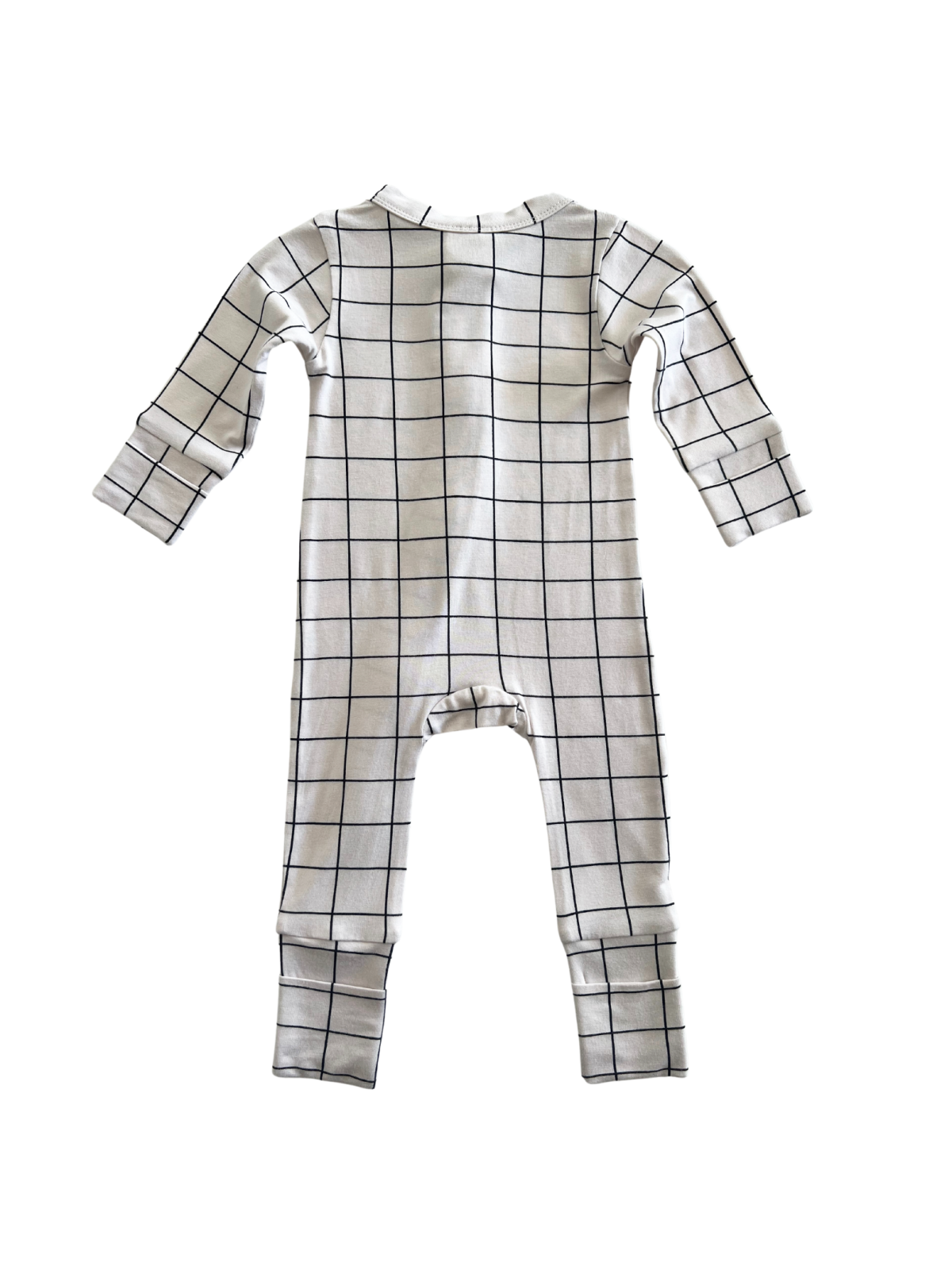 Back view of a baby onesie with a white and black grid pattern. Ideal for infants' casual wear.
