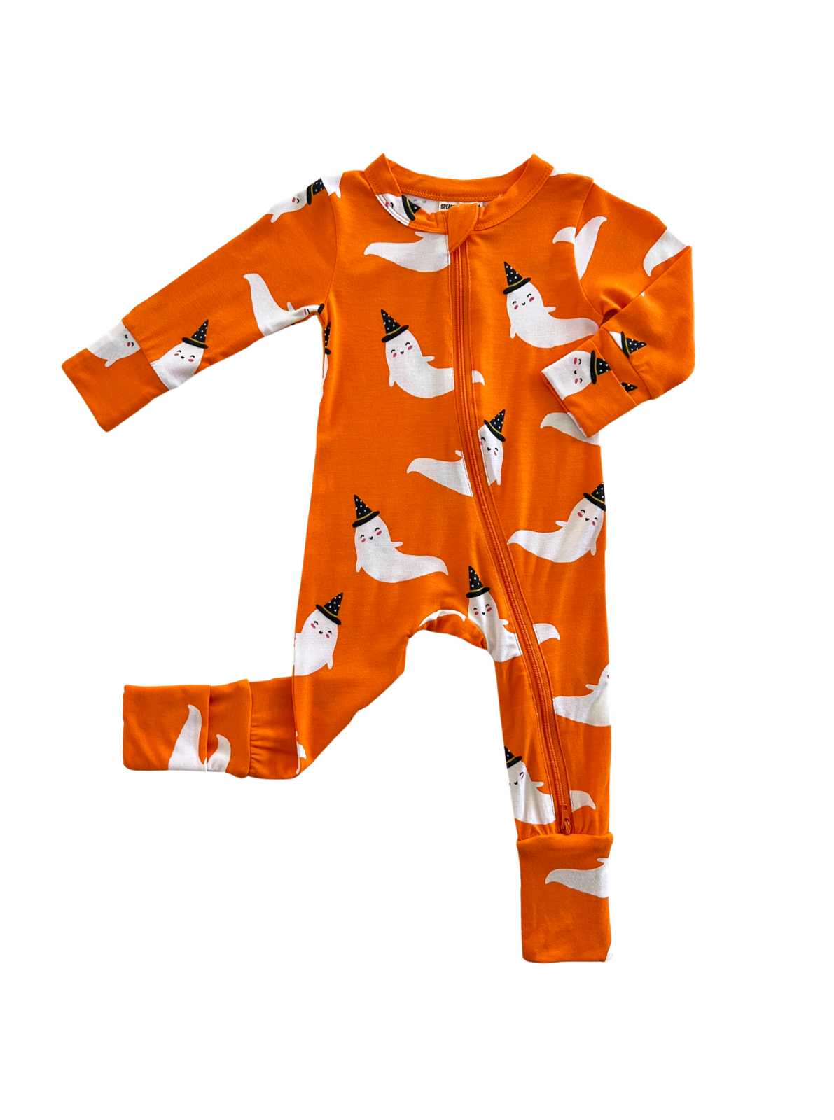 Orange infant onesie with playful ghost and party hat pattern, featuring a front zipper closure.