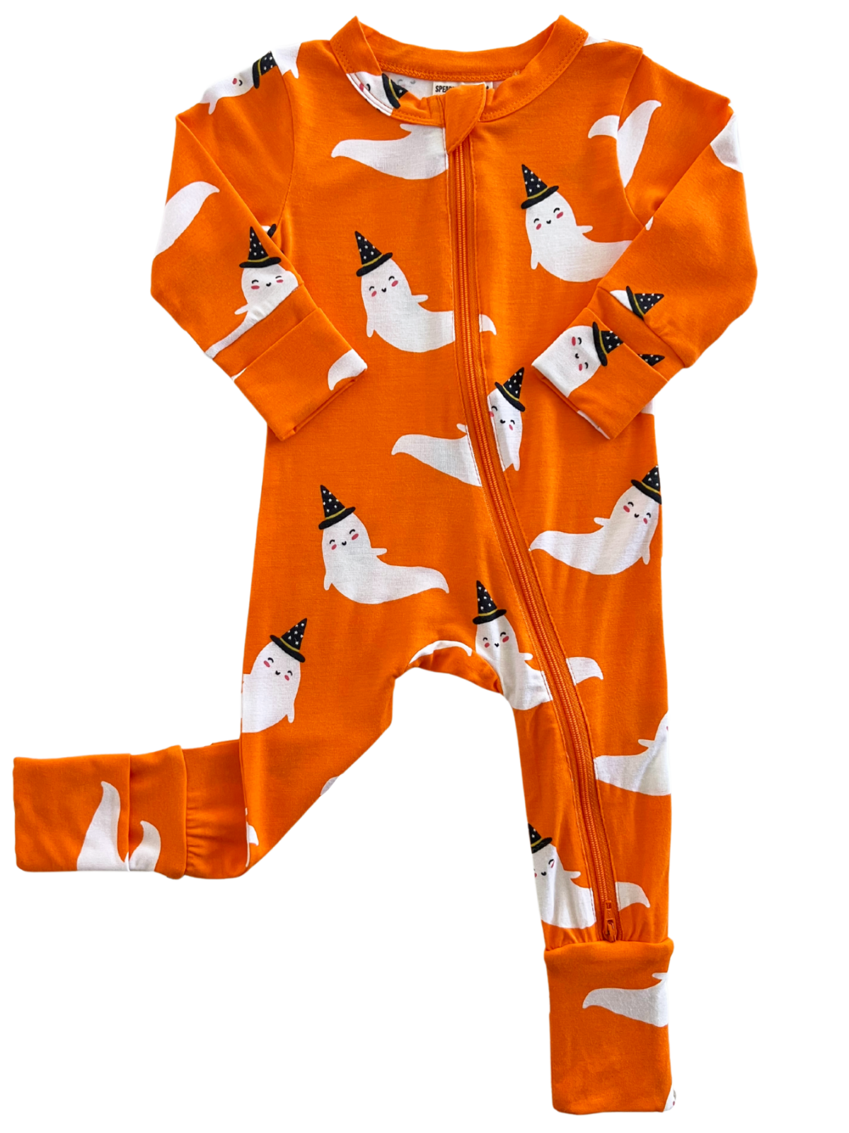 Orange pajamas with a ghost print and festive hats, featuring a front zipper and fold-over cuffs for comfort.