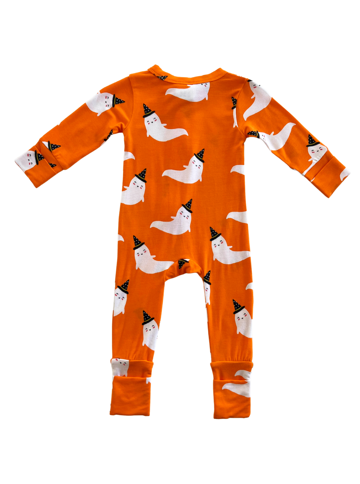 Orange pajama outfit with playful ghost and party hat pattern designed for kids.