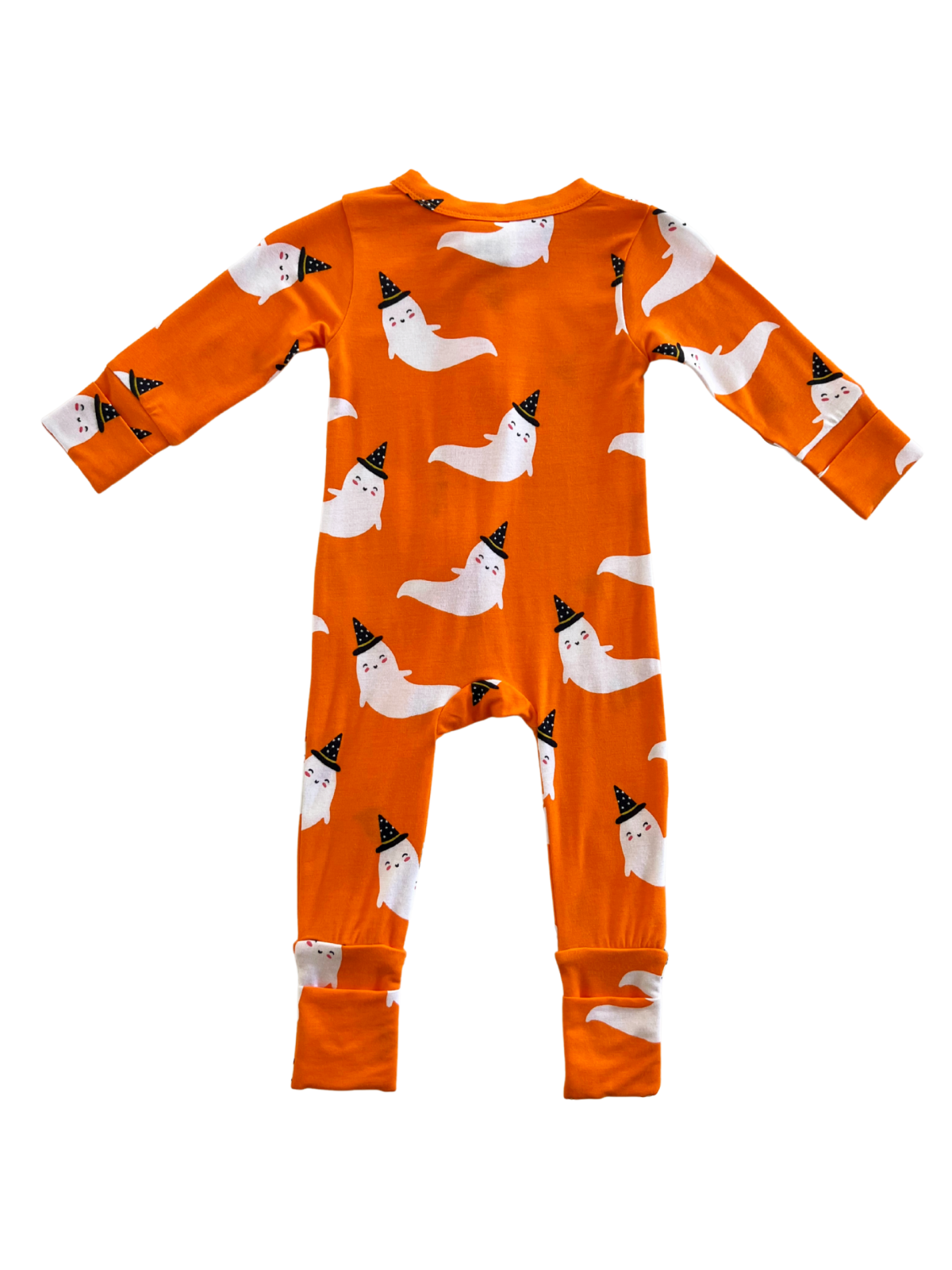 Orange pajama outfit with playful ghost and party hat pattern designed for kids.