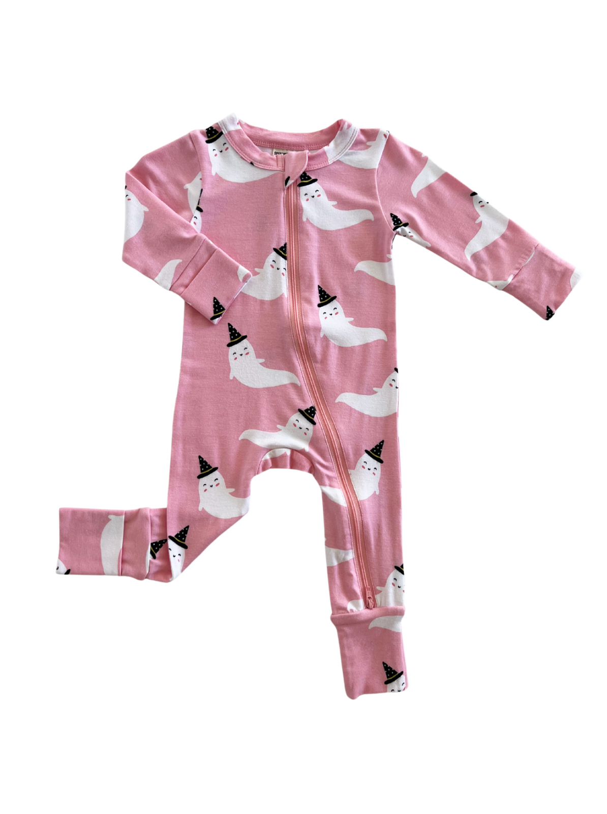 Pink baby onesie with ghost and party hat pattern, featuring a front zipper and long sleeves.
