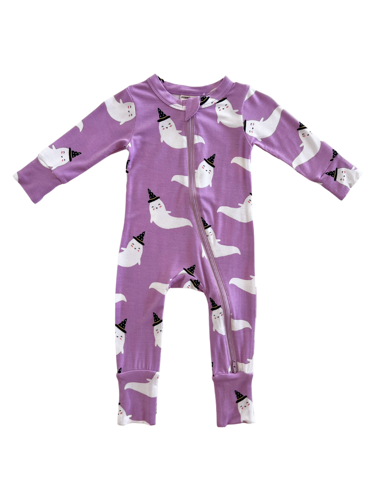 Purple toddler onesie with ghost print and party hats, featuring long sleeves and a front zipper.