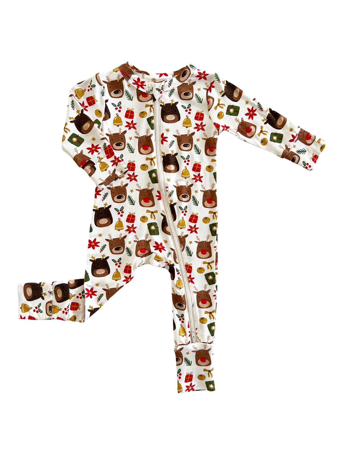 White onesie featuring a festive pattern of bears, gifts, and holiday decorations. Perfect for cozy wear.