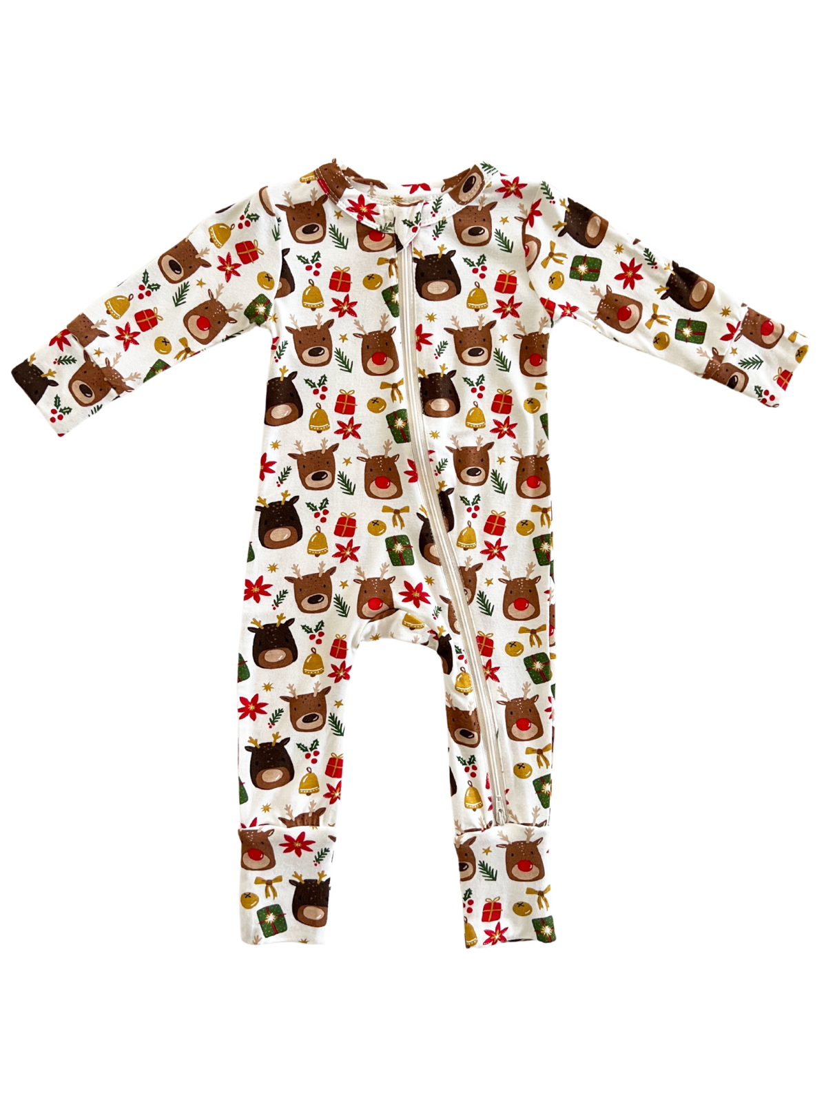 Children's zip-up onesie featuring a festive pattern of reindeer, gifts, and holiday-themed decorations.