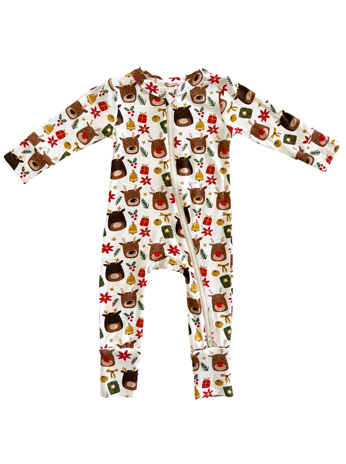 Children's zip-up onesie featuring a festive pattern of reindeer, gifts, and holiday-themed decorations.