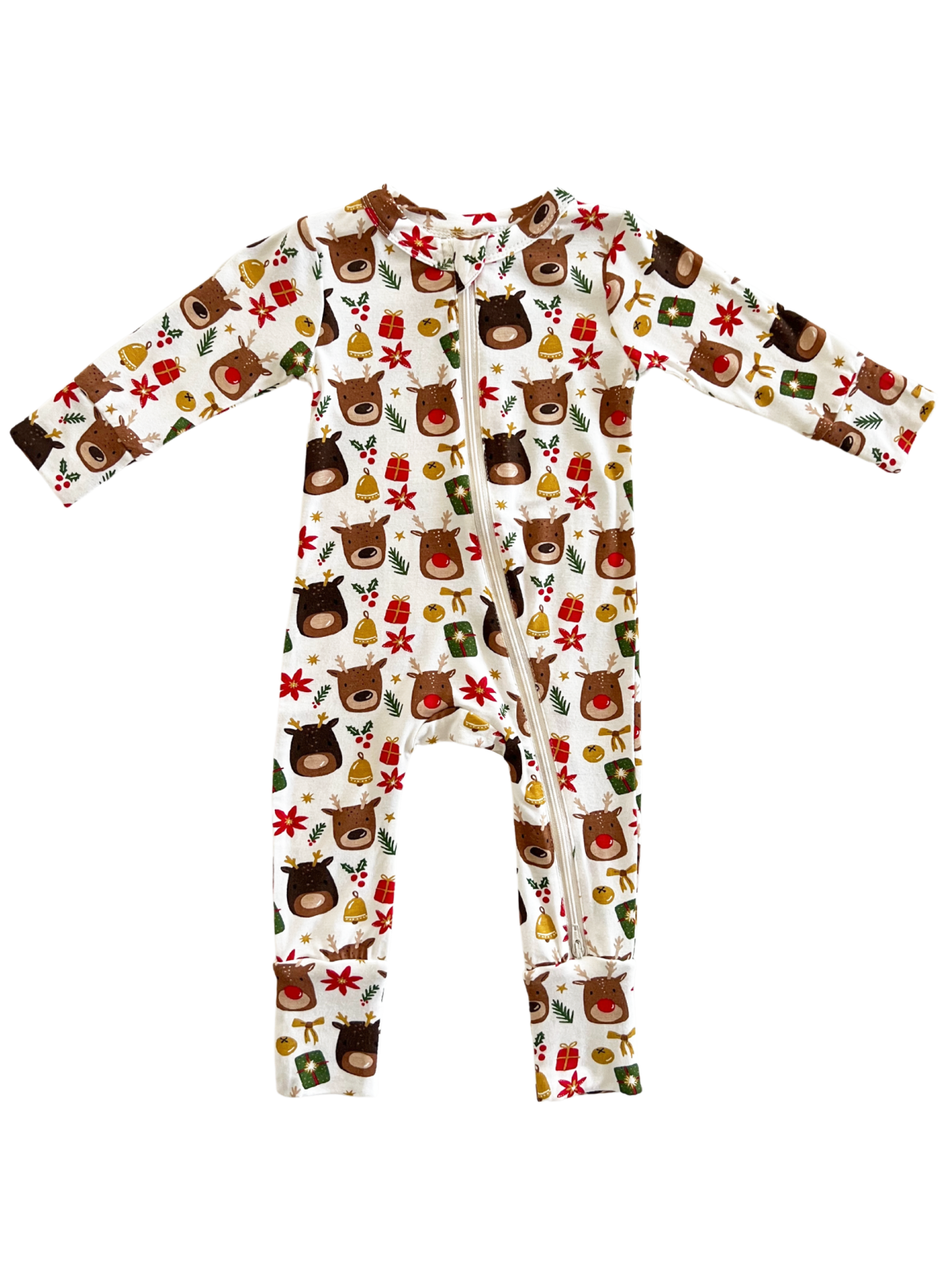 Children's zip-up onesie featuring a festive pattern of reindeer, gifts, and holiday-themed decorations.