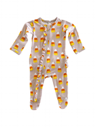 Infant romper with candy corn print, featuring long sleeves and a zipper with ruffle details. Ideal for fall comfort.