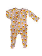 Toddler onesie with candy corn pattern and ruffle detail, displayed against a white background.