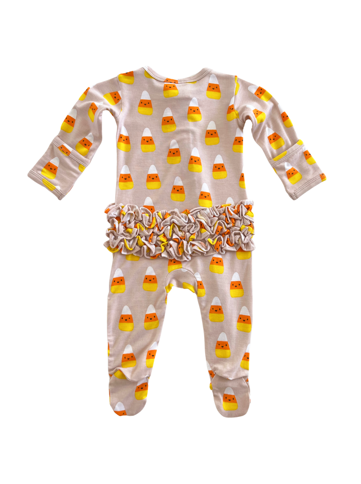Candy corn patterned children's pajama set with ruffled waistband on a white background.