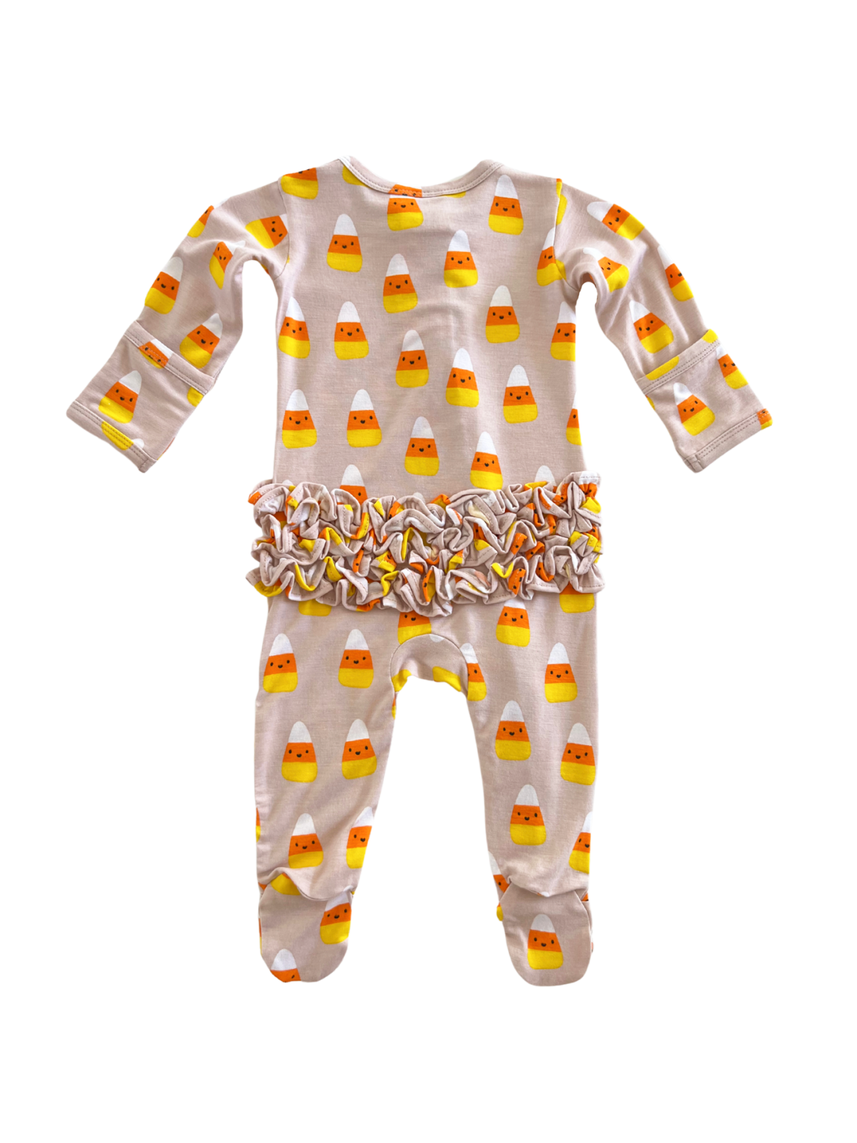 Candy corn patterned children's pajama set with ruffled waistband on a white background.