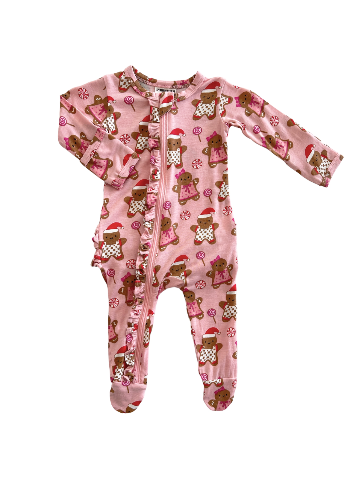 Pink baby romper with gingerbread men and candy patterns, featuring long sleeves and a zipper front.