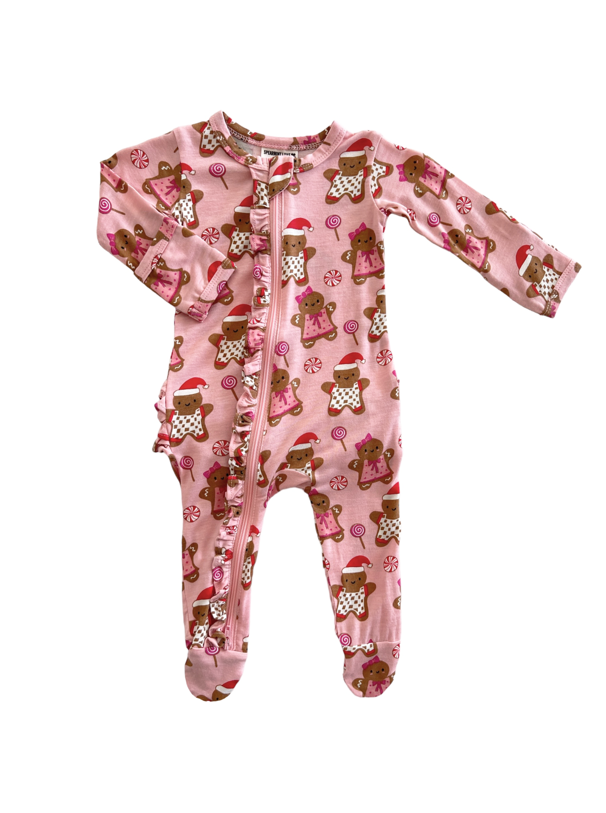Pink baby romper with gingerbread men and candy patterns, featuring long sleeves and a zipper front.