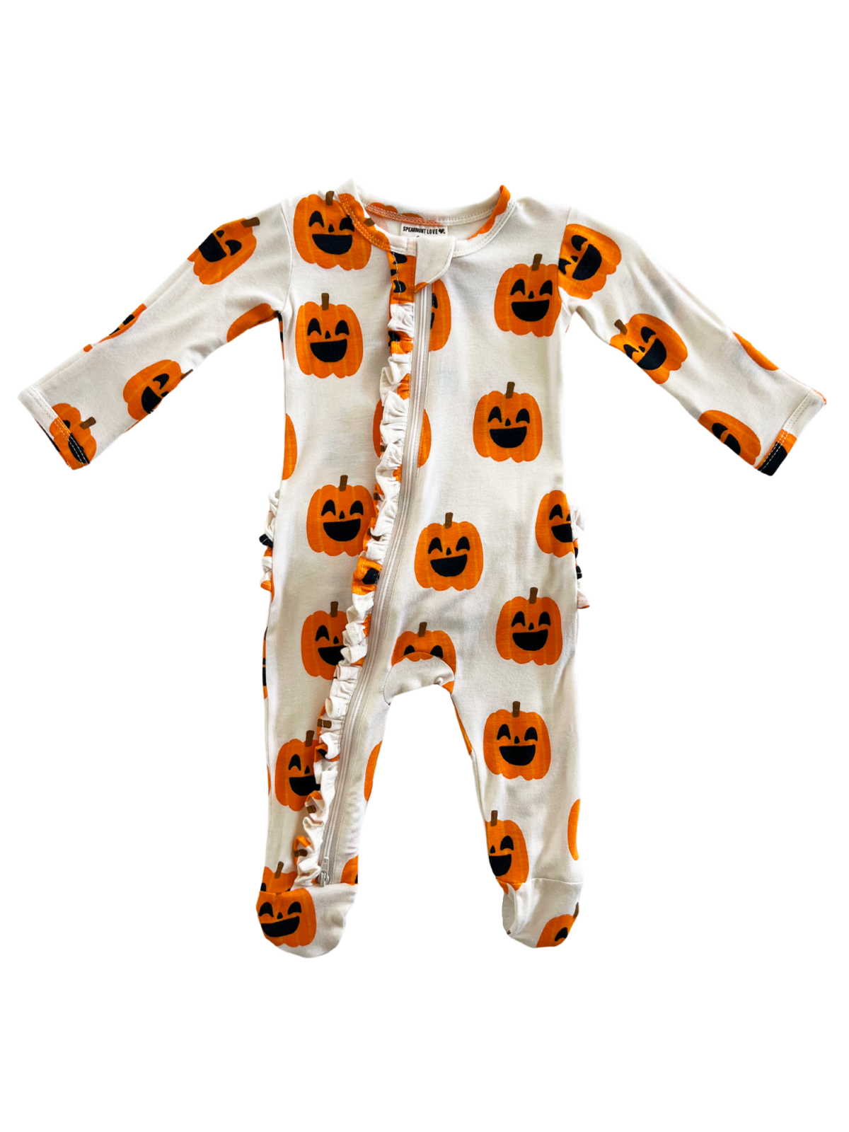 White baby onesie with orange pumpkin prints and ruffles along the zipper, perfect for Halloween.