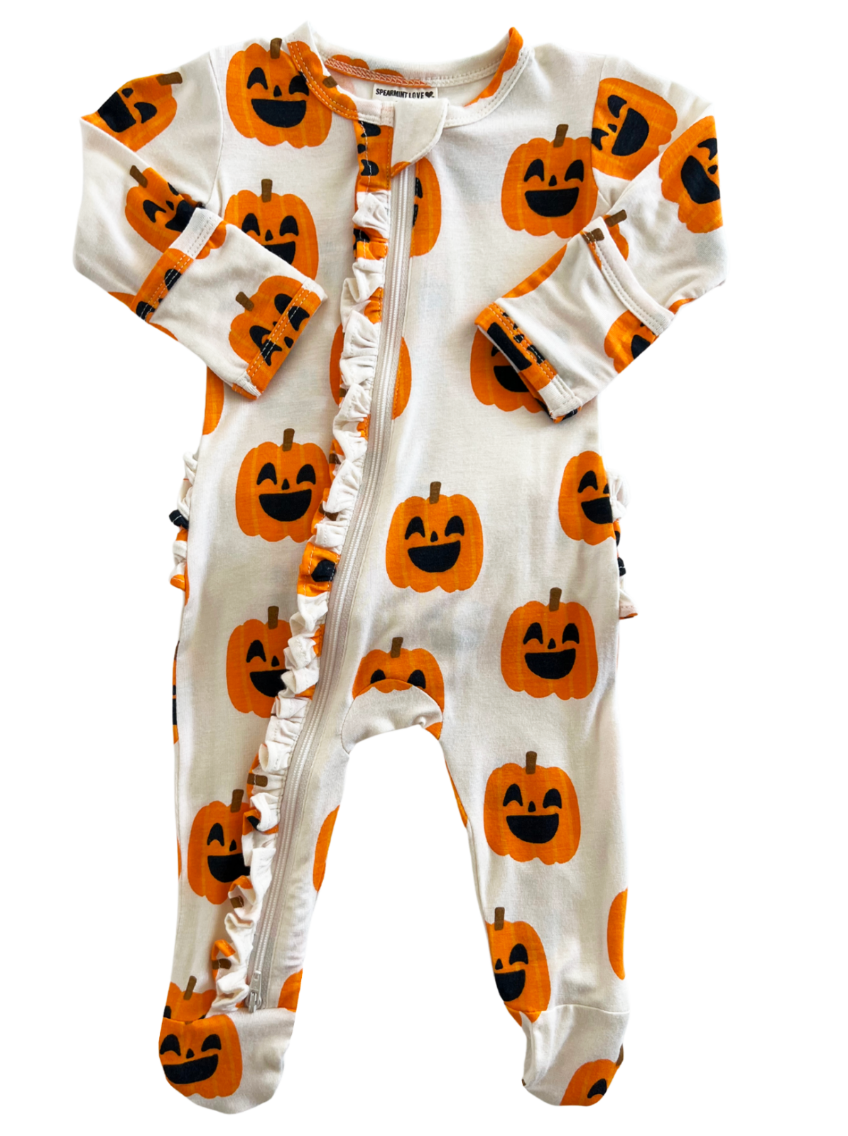 White pajamas with orange pumpkin prints and ruffled edges, perfect for Halloween-themed sleepwear.