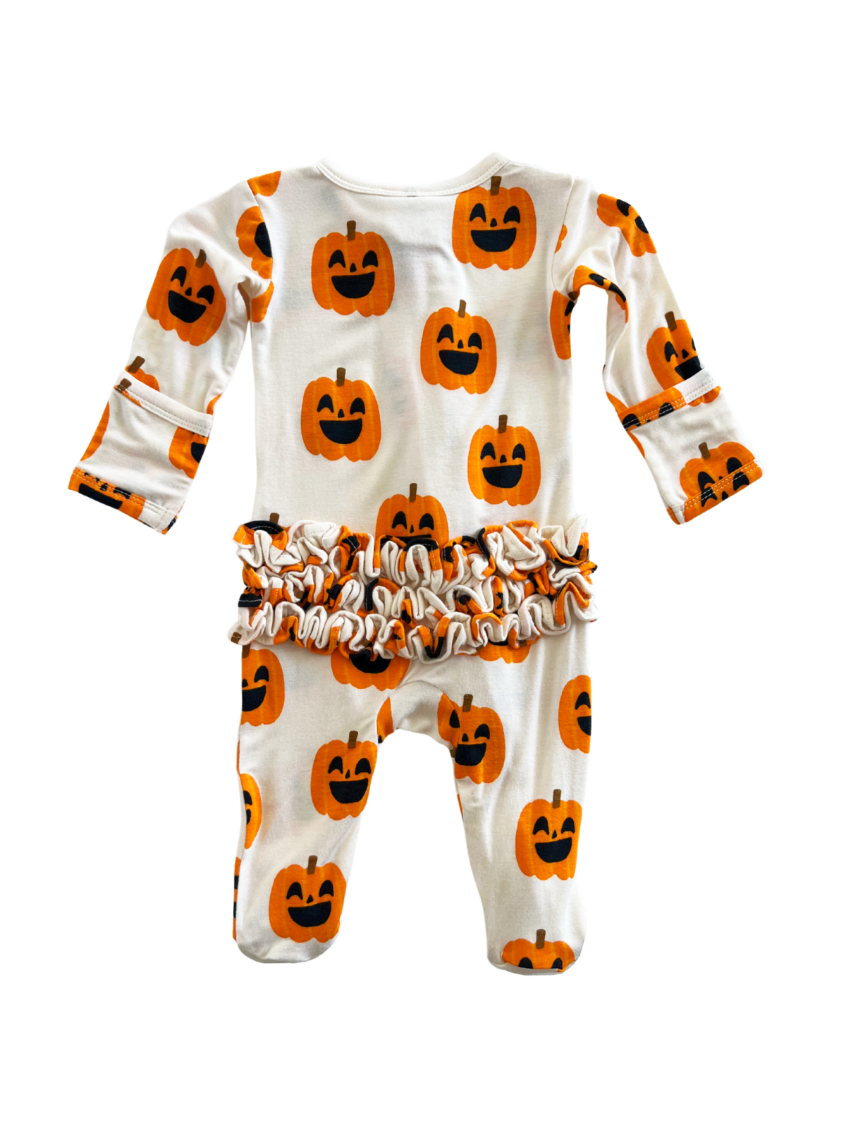 Pumpkin-patterned infant outfit with a ruffled waistband, perfect for Halloween celebrations.